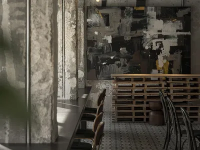 Industrial restaurant interior with concrete walls and furniture