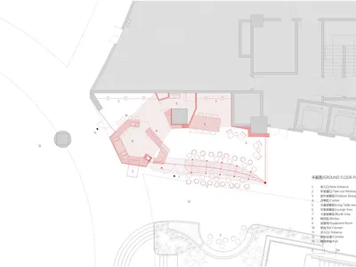 一份詳細的餐廳建築平面圖，標示出用餐區、廚房與吧台等功能區域。