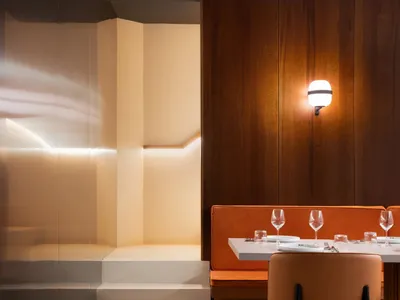 Modern restaurant seating area with wooden walls, orange upholstered booths, leather chairs, white table, and glass sconce li