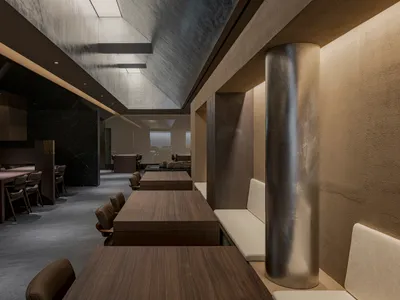 Modern interior restaurant with wooden furniture and concrete walls