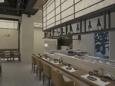 現代餐廳室內空間，搭配木質餐桌、玻璃窗與質感布料座椅
