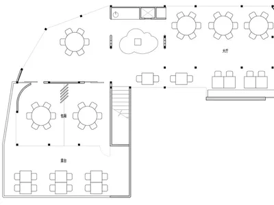 餐廳平面圖的黑白建築圖稿。