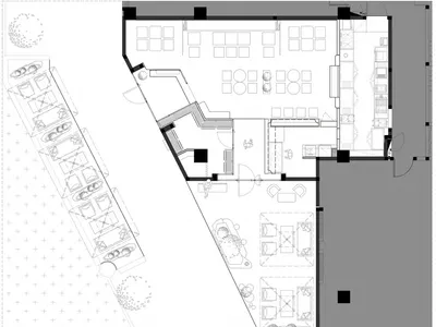 餐廳室內配置的黑白建築圖面。