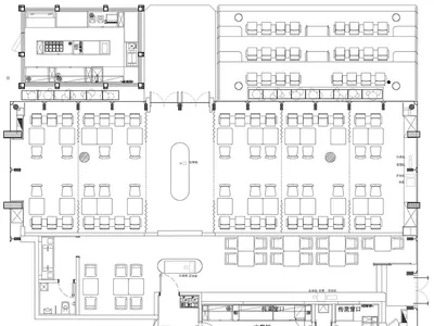 一張詳細的2D建築圖，顯示餐廳平面配置，包含餐桌、座椅與廚房區域。