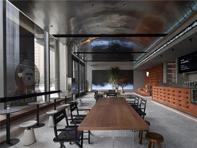 Modern office interior featuring a coffee shop and restaurant with black and white decor, glass and metal materials, and a lo