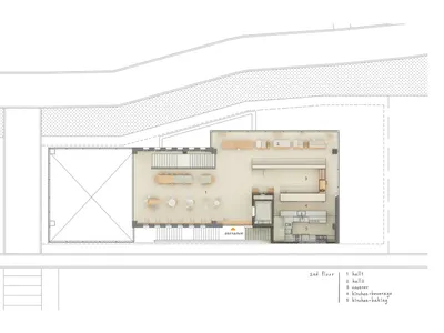 Floor plan of a modern coffee shop interior showcasing wooden tables and benches, concrete flooring, and white walls.