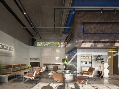 Modern restaurant featuring concrete, wood, metal, and glass materials