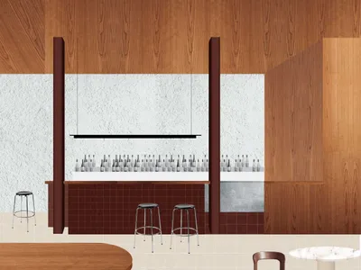 Minimalist restaurant bar interior featuring wooden furnishings and a tiled countertop.