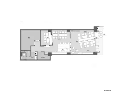 餐廳中性色調空間平面圖，包含用餐區、座位安排、廚房與衛浴