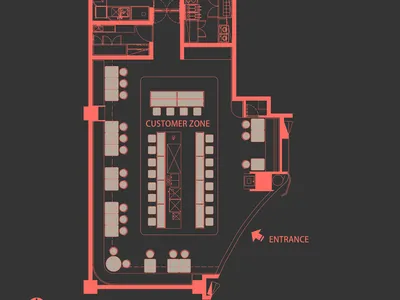 餐廳廚房的詳細2D建築平面圖。