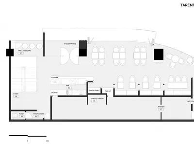 餐廳建築平面圖，展示其整體配置，包含主入口、收銀台、儲藏室等區域