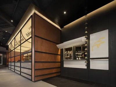 Interior design of a modern bar with wooden and glass materials