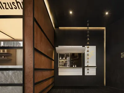 Modern bar interior with wooden walls, marble bar counter, and hanging decor