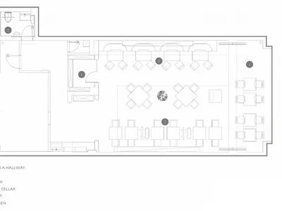2D architectural drawing of a restaurant layout featuring neutral-colored materials and functional zones.