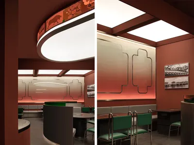 Modem restaurant interior with green seating arrangements and a mix of materials.