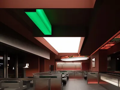The modern interior design of a restaurant featuring steel, glass, and terrazzo materials.