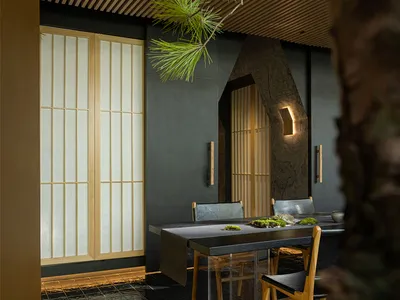 A minimalist restaurant dining room featuring wooden decor and accents.