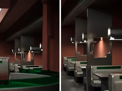 A modern restaurant interior featuring black metallic accents, contemporary seating, and green accents on benches.