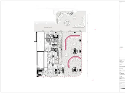 餐廳室內詳細建築平面圖，展示混凝土地板搭配圖紋瓷磚，以及家具配置