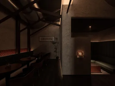 A modern restaurant hall with concrete walls and floor, featuring minimalist seating arrangements and ambient lighting.