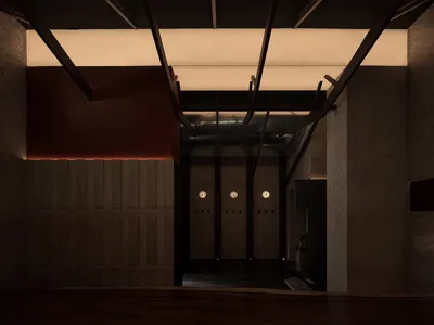 Modern restaurant interior with timber elements.