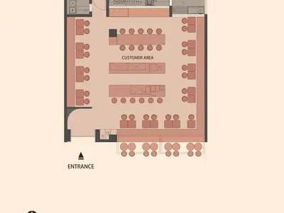 餐廳室內 2D 建築渲染圖，展示地板平面圖、廚房區域及座位安排。