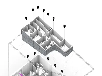 Cross-sectional view of a modern restaurant interior with focus on the concrete elements.