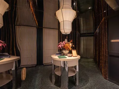 Modern interior design featuring bamboo elements in a hotel suite