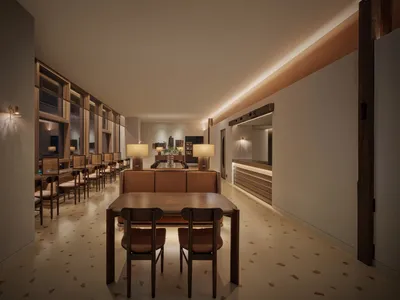 Contemporary interior design of a restaurant dining area featuring wooden furniture, leather seats, and terrazzo flooring.