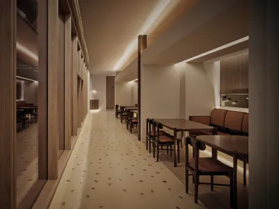 A modern restaurant interior with wooden and leather accents and a warm, inviting atmosphere.