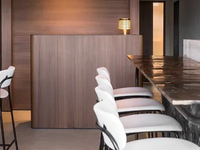Modern restaurant bar featuring wooden and stone accents with a hanging grass ceiling