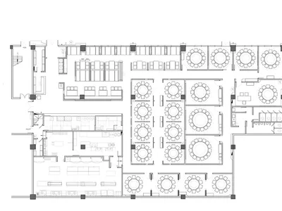 Modern restaurant layout with a neutral color palette, featuring multiple seating areas and a central kitchen.