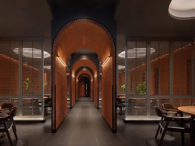 Industrial-style restaurant interior with wooden walls and archways