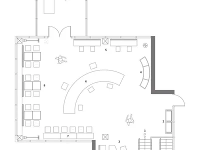 一張細膩精確、非比例尺的2D技術建築圖，展示餐廳室內空間的家具配置