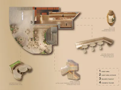 Floor plan of a cafe restaurant showcasing interior design elements such as wooden furniture, glass partitions, and stainless
