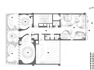 餐廳室內的2D建築藍圖，包含傢俱與空間配置