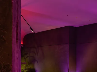 A modern restaurant interior with a concrete wall and purple lighting.