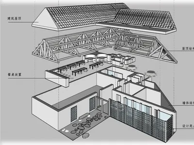 Cross-sectional architectural drawing of a restaurant featuring wooden beams and industrial design elements.