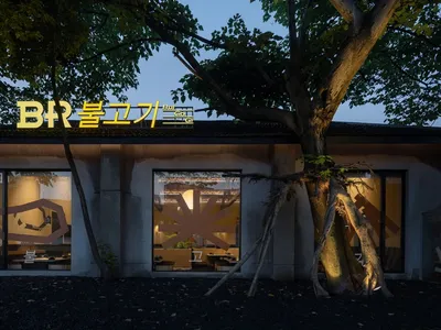 Modern restaurant featuring glass walls and concrete exterior with black soil and a tree