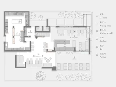 現代簡約餐廳室內設計，呈現廚房、用餐區與戶外座位區。