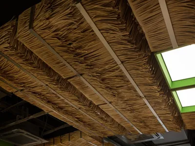 Interior design of a bamboo-themed restaurant featuring wooden tables and chairs, green accents, and skylights.