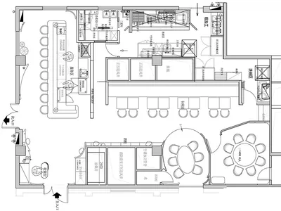 黑白餐廳美食廣場平面圖，顯示座位安排、餐飲站與廚房區域。