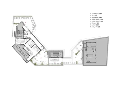 Industrial-style restaurant floor plan layout with booth areas, private rooms, a bar, kitchen, and outdoor seating.