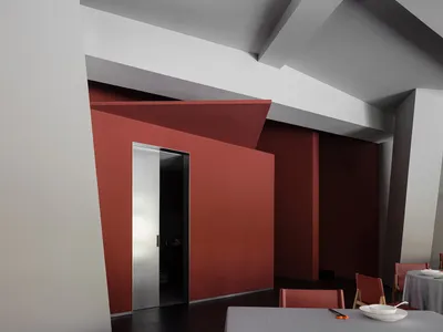A modern restaurant interior with red walls, white tables, and red chairs.
