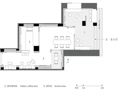 Interior floor plan layout of a coffee shop with three distinct zones: semi-outdoor coffee area, indoor coffee area, and serv