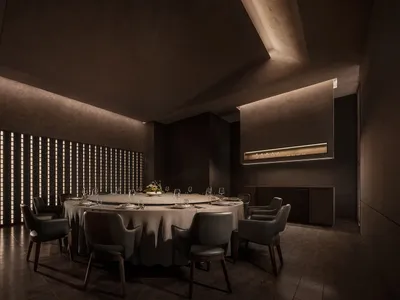 Modern restaurant interior with dark wood elements
