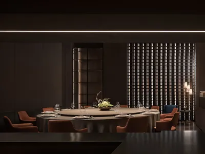Modern restaurant dining room with round table and chairs