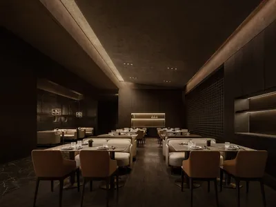 A luxurious, modern restaurant interior with dark wooden walls and tables, contemporary lighting, and minimalist design.