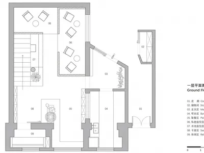Floor plan of a modern restaurant bar featuring multiple seating areas, storage units, and a meeting area.