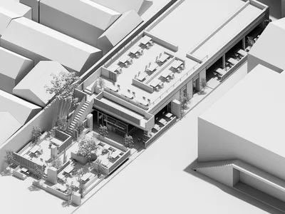 An isometric rendering of a modern restaurant featuring a concrete patio area with tables and chairs, and a rooftop dining ar